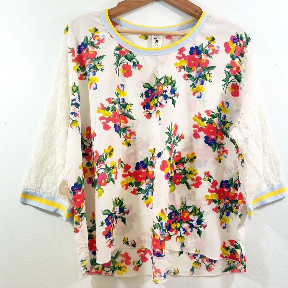 Topia Cream Red Light Blue HiLow Blouse Girly Blokecore Trim & Lace 3/4 Sleeves - Picture 2 of 16